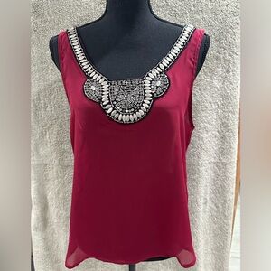 Body Central Burgundy Sleeveless Blouse with Beaded Accents